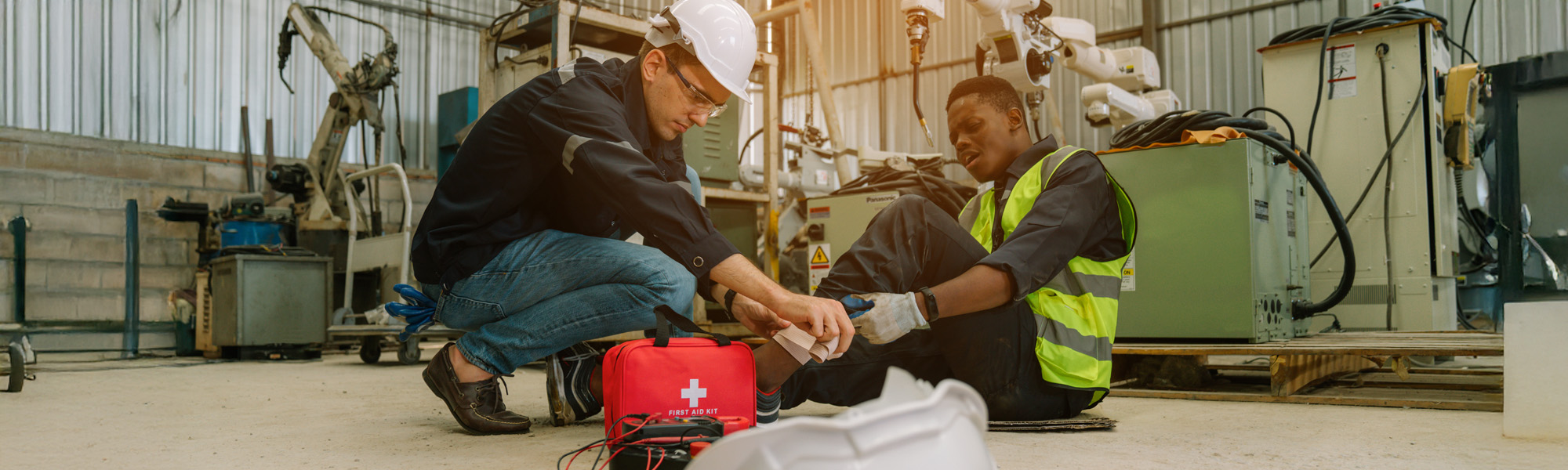 Mature foreman in workwear giving first aid to staff suffering after working injury in industrial factory Injury at work