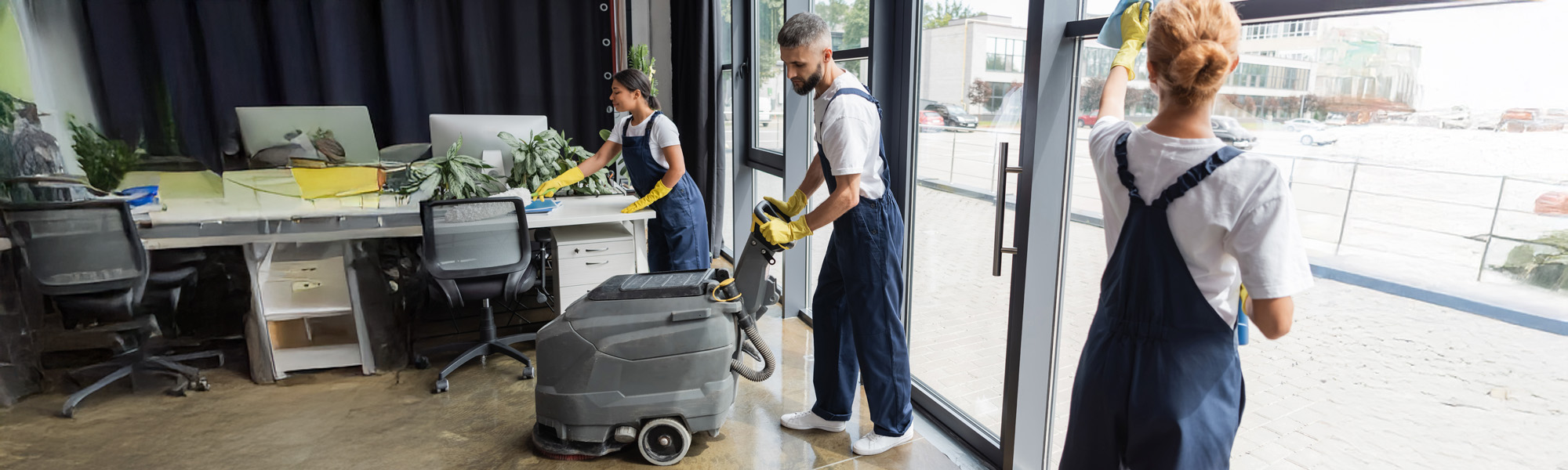 man with electrical floor scrubber machine near interracial women cleaning office