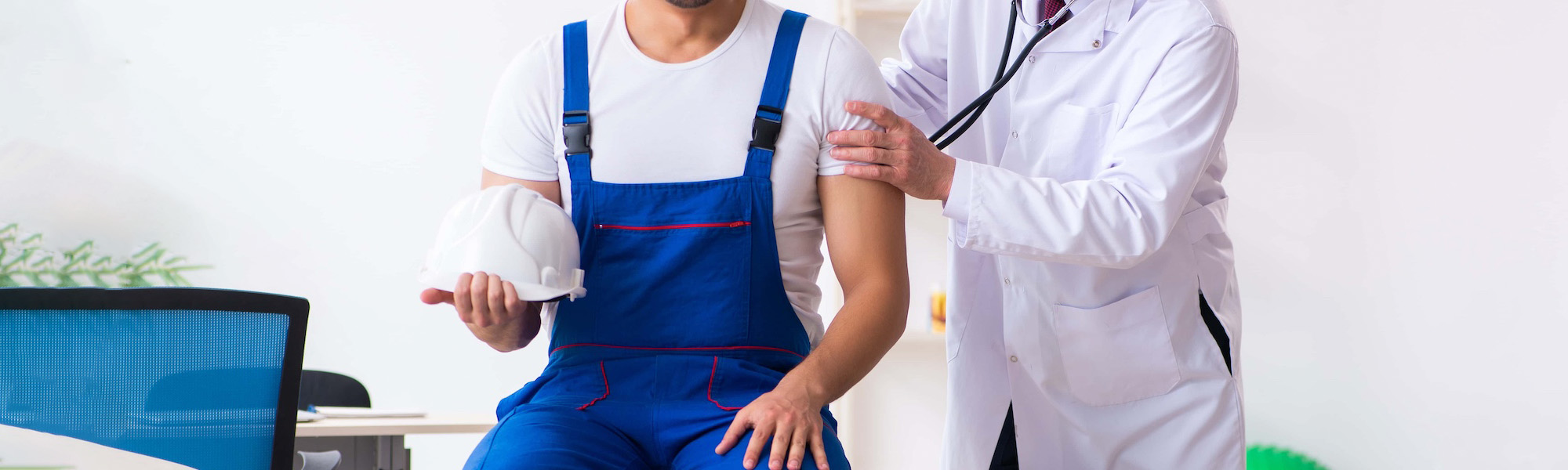 young male contractor visiting old doctor